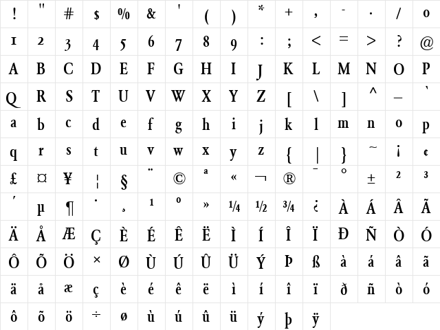 Garamond BE Bold  glyph index