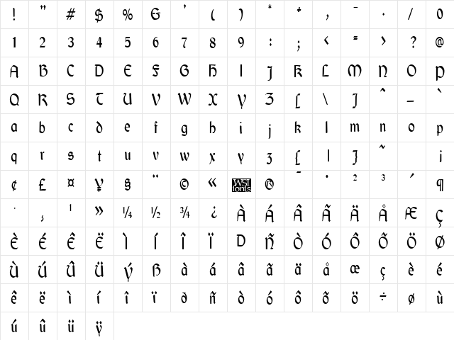 GaelicCondensed Regular  glyph index