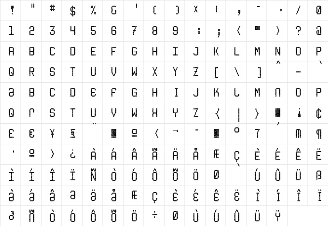 Terminal Regular  glyph index