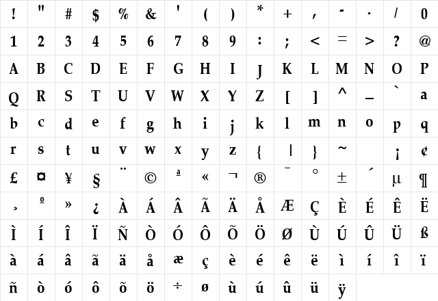 LatinoPalCond6 BoldSH  glyph index