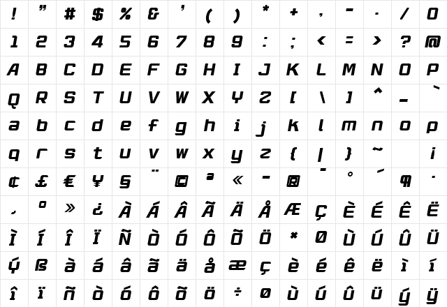 RobustikBold Oblique Regular  glyph index
