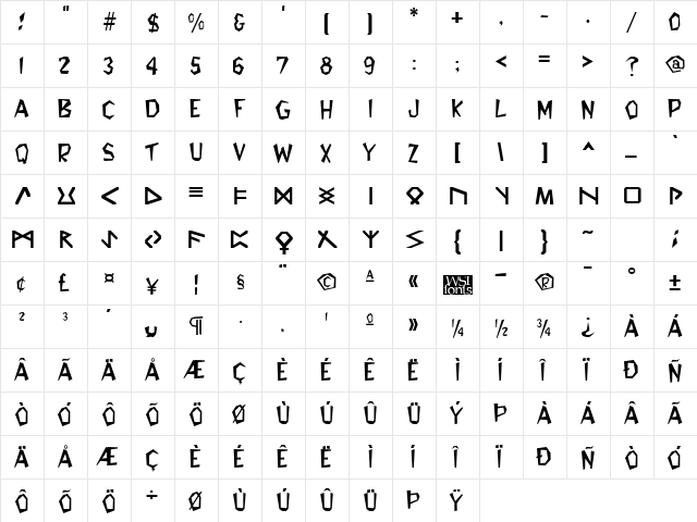 Glyphics Regular  glyph index