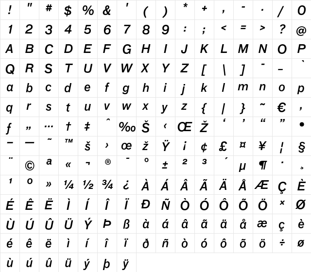 BauLF-MediumItalic Regular  glyph index