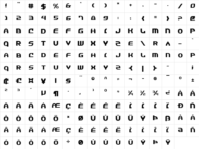 Jannisary Sword Regular  glyph index