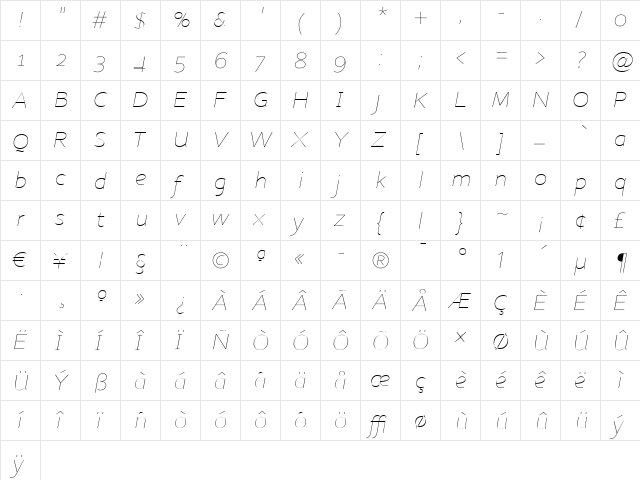 Nubian-ThinItalic Medium Italic  glyph index