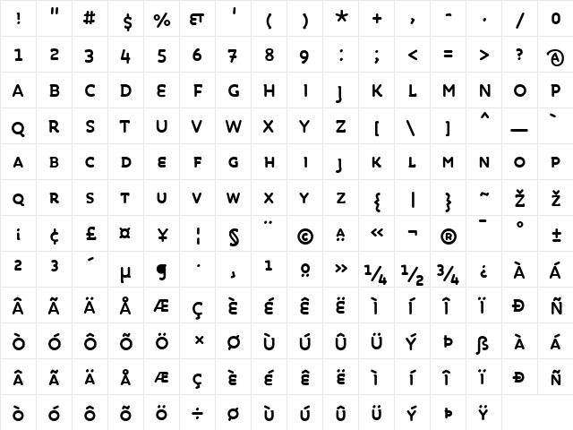 Roice-BoldSC Regular  glyph index