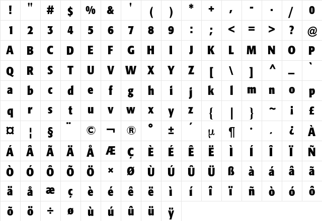 Formata Condensed BQ Regular  glyph index