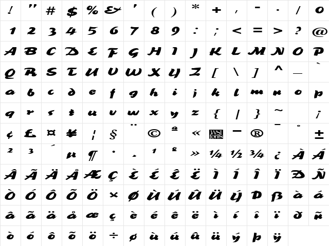 BrookscriptWide Regular  glyph index
