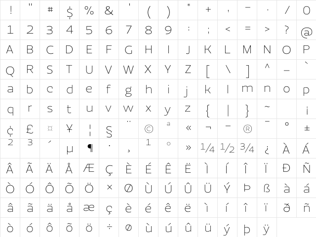 EzzoThin Regular  glyph index
