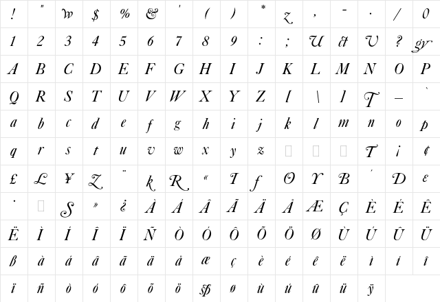 Caslon Italic with Swashes Plain  glyph index