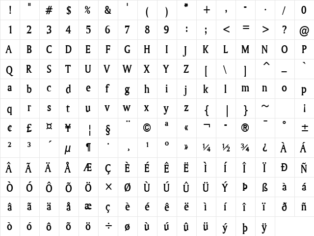 Ameretto-Condensed Bold  glyph index