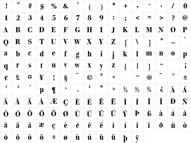 GE Quartz Bold  glyph index