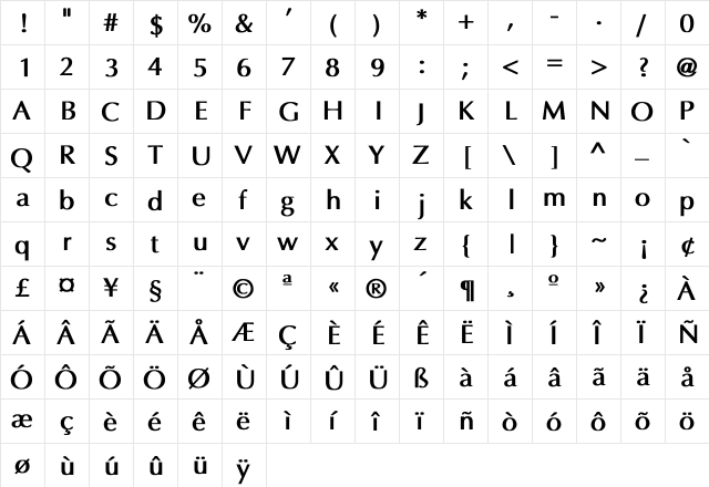 Optima Bold Bold  glyph index