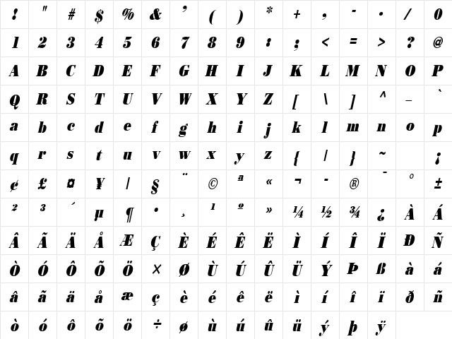 Beau Condensed Italic  glyph index