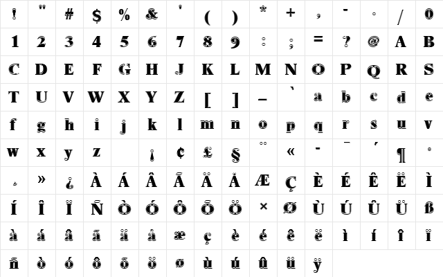 NimbusRomDExtBolIn1 Regular  glyph index