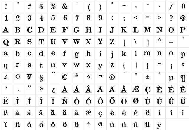 AtticAntique Regular  glyph index