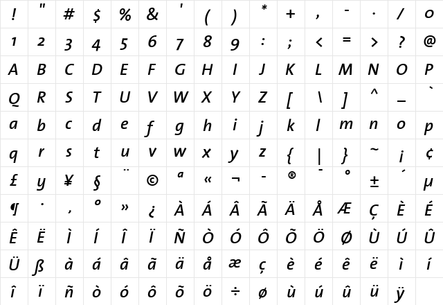 The Sans Semi Bold- SemiBold Italic  glyph index