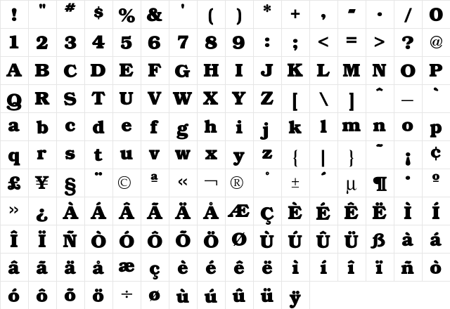 Bookman Bold  glyph index