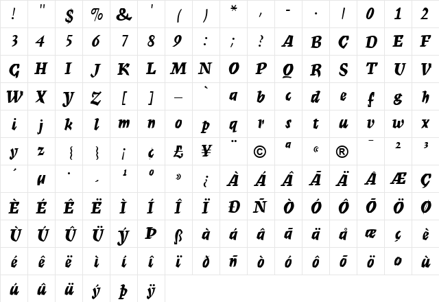 MercuriusMT BoldScript  glyph index