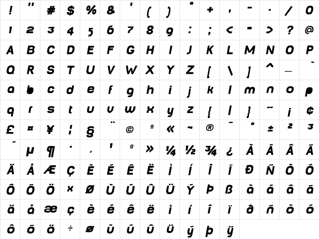 BabyMine FatOblique  glyph index