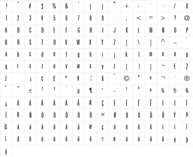 Univers LT 49 LightUltraCn Regular  glyph index
