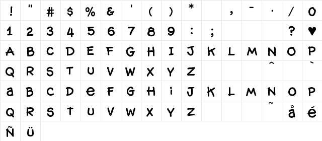 HogBoldKB Regular  glyph index