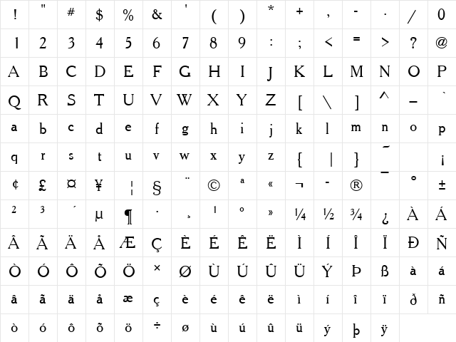 Cheltenham Becker Old Style No2 Regular  glyph index