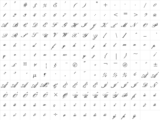 EmpireScript Plain  glyph index