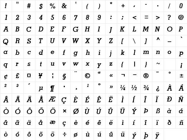 JaakSSK Bold Italic  glyph index