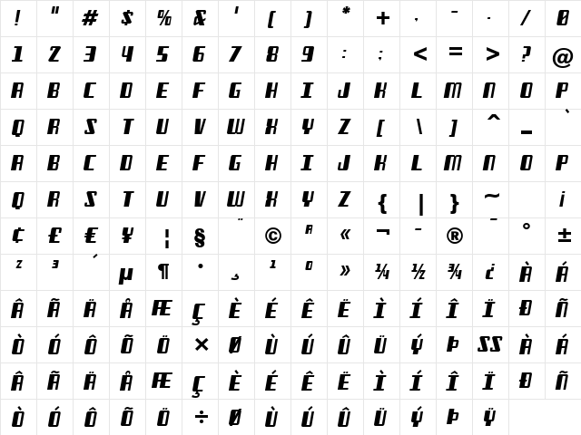 Freezer BTN Oblique  glyph index