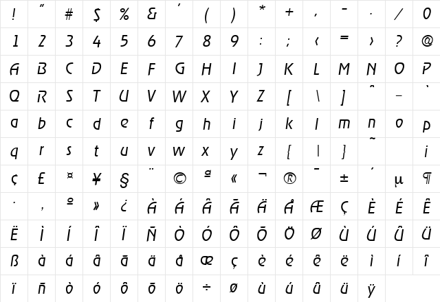Ragtime-Serial-Light RegularItalic  glyph index