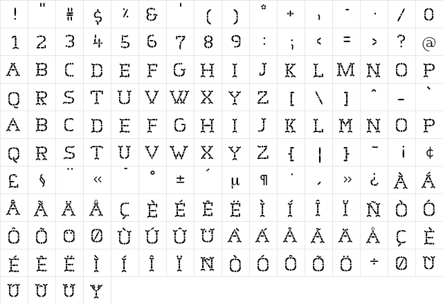 Butcher Regular  glyph index