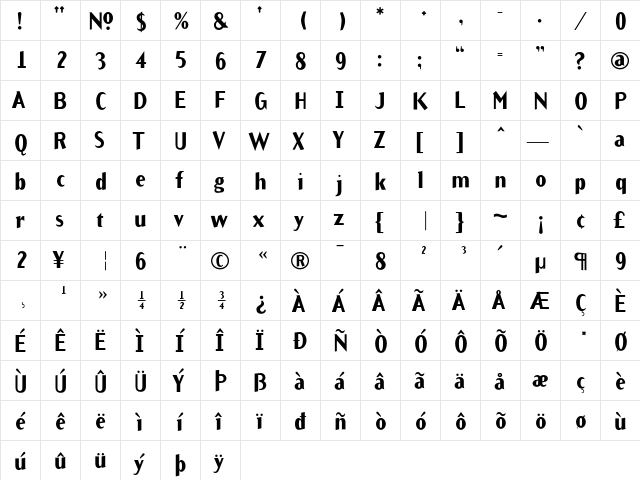 ArbitraryBold Regular  glyph index