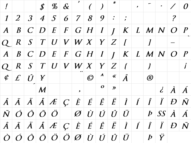 Trajan-Normal BI Bold Italic  glyph index