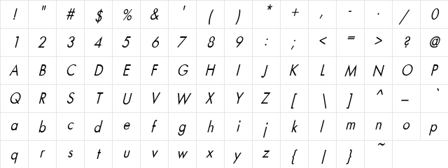 BelmarCndObl-No Regular  glyph index