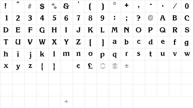 ViticaSSK Regular  glyph index