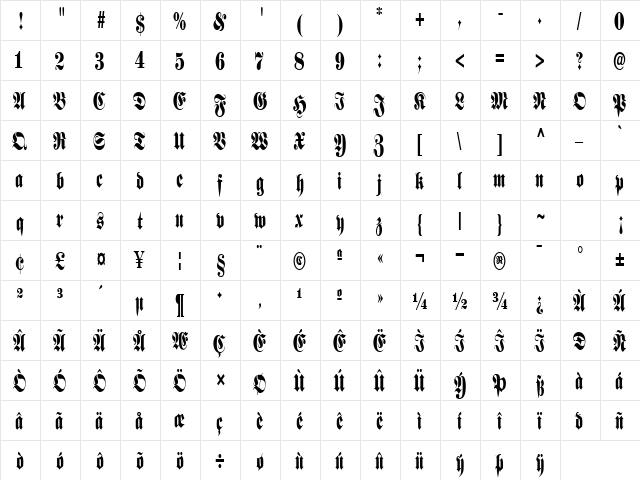 Berliner Condensed Regular  glyph index