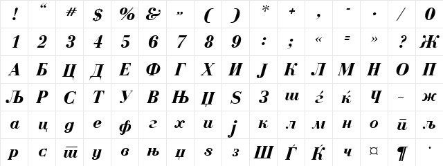 M_Bodoni Bold Italic  glyph index