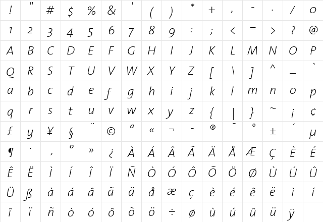 The Sans Extra Light- Italic  glyph index