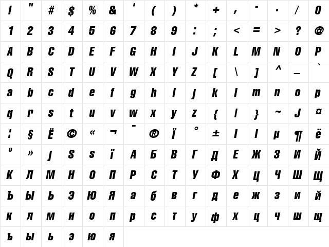 AG Letterica Compr-Oblique Medium  glyph index