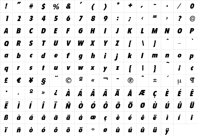 LuisBecker-Heavy Italic  glyph index