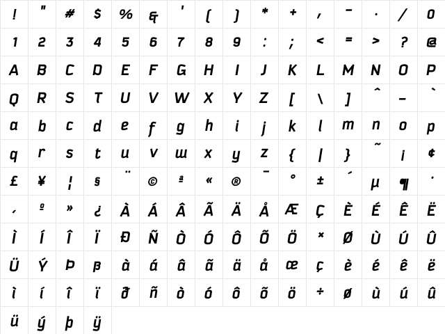 Kautiva Bold Italic  glyph index