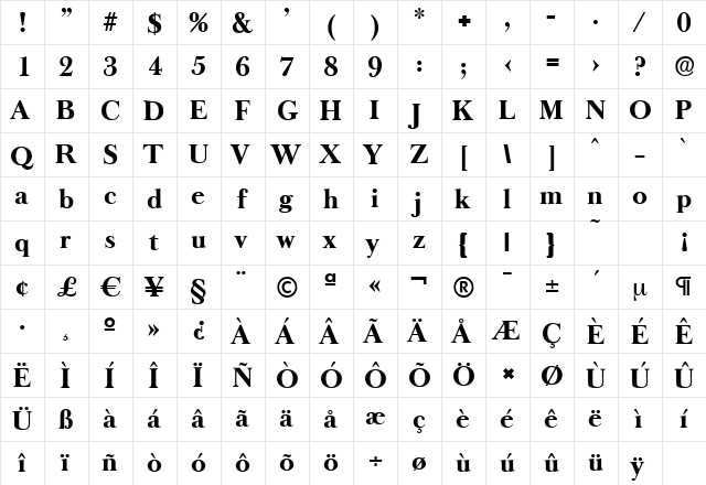 BaskerOldSerial-Xbold Regular  glyph index