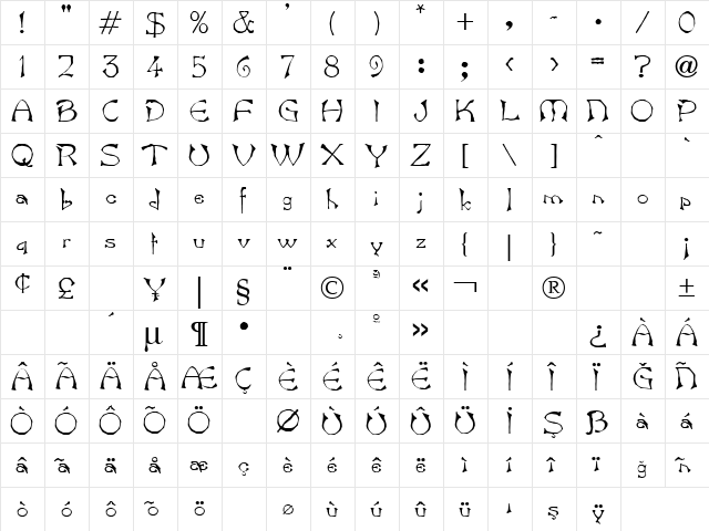 TR Bard Regular  glyph index