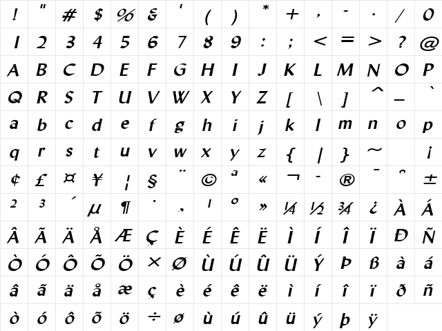 Lynda-Extended Bold Italic  glyph index