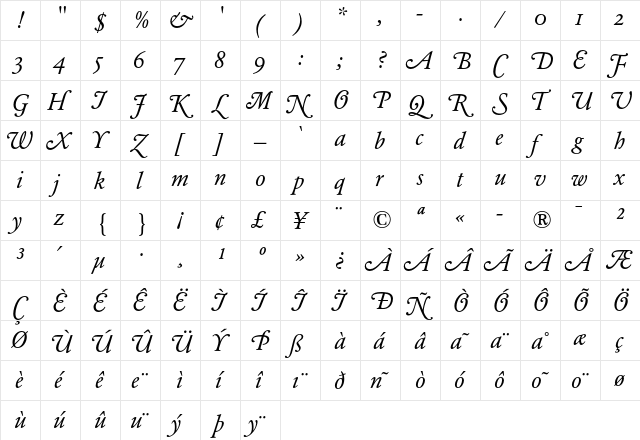 Garamond BE Swash Italic  glyph index