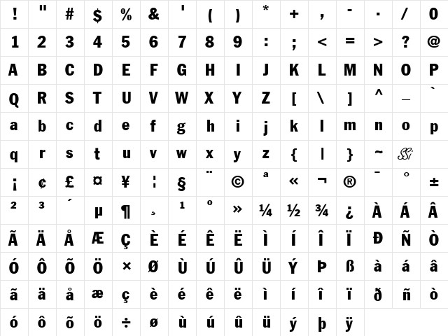 Franklin Gothic Condensed SSi Condensed  glyph index