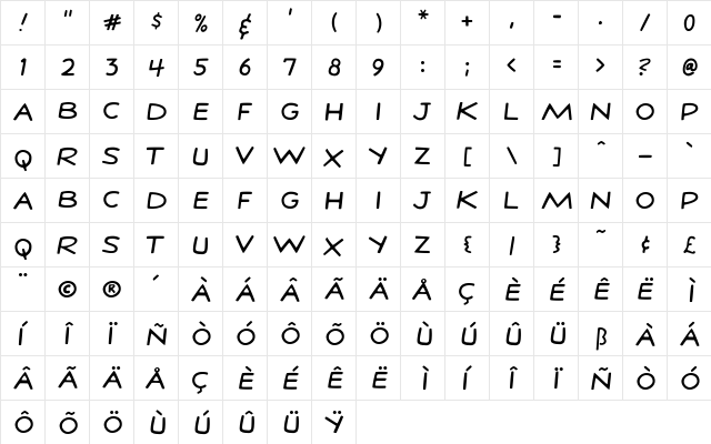StanLee Regular  glyph index