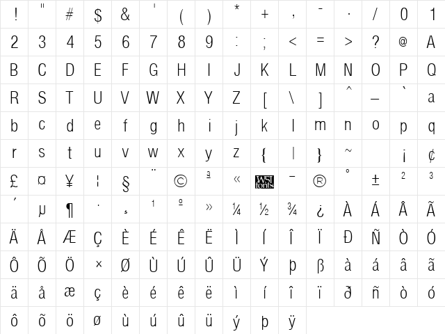 ArenaCondensedLight Regular  glyph index