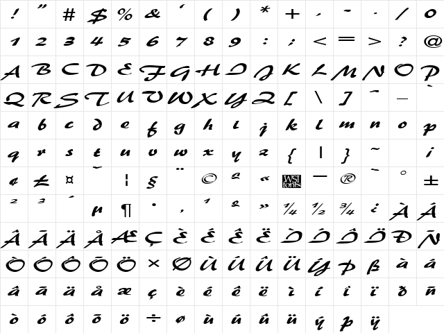BrushFlashExpanded Regular  glyph index